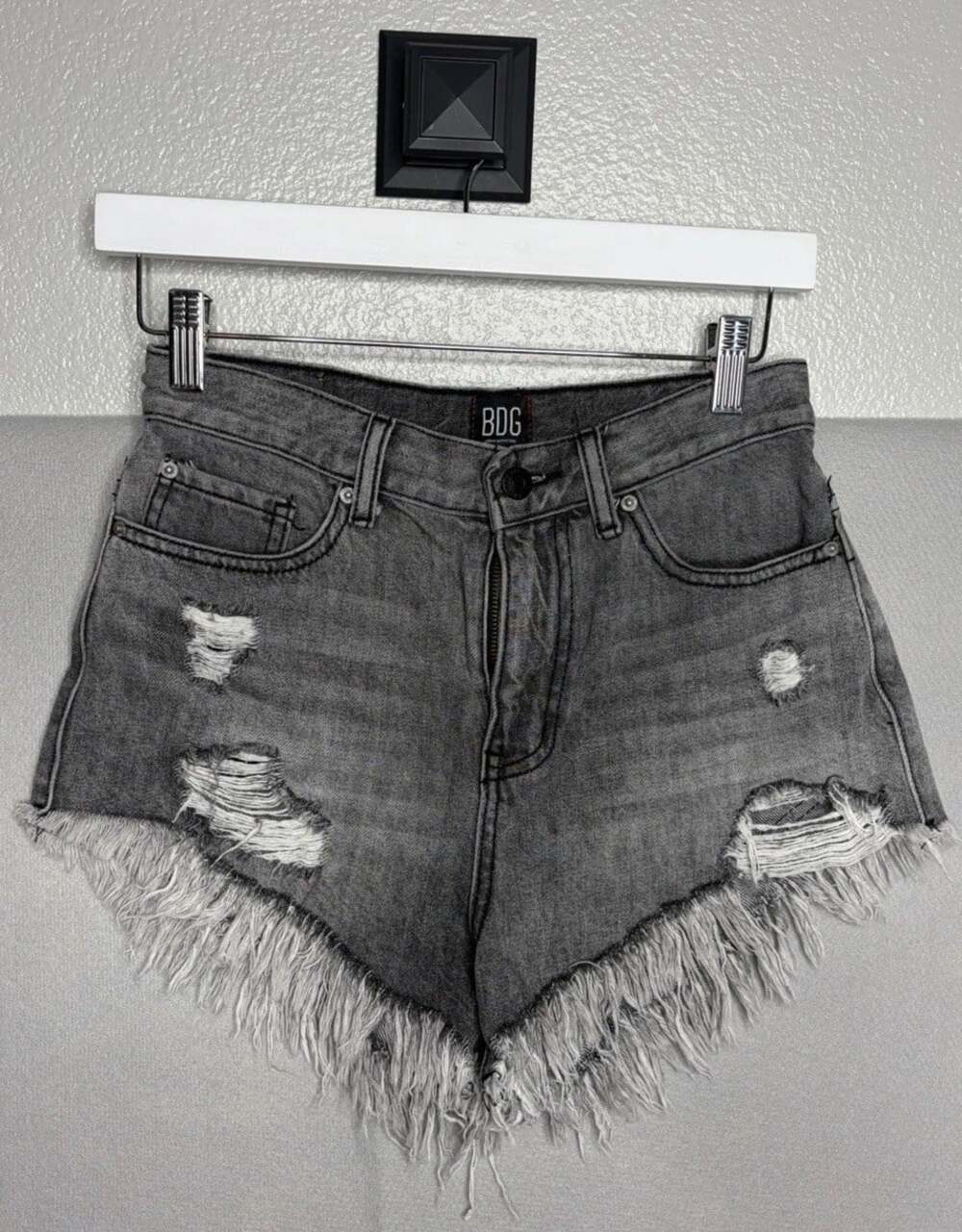 BDG Urban Outfitters High-Rise Cheeky Denim Shorts Black Wash Frayed Size 26